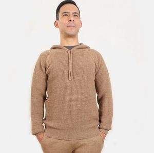 Chunky Alpaca Waffle Knit Light Brown Hoodie/M/ Men's Incaroyal